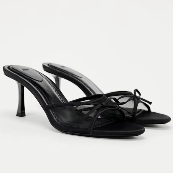 Zara Mesh Bow Kitten Heel Sandals in Black, Size 6 (36), New - Picture 1 of 6